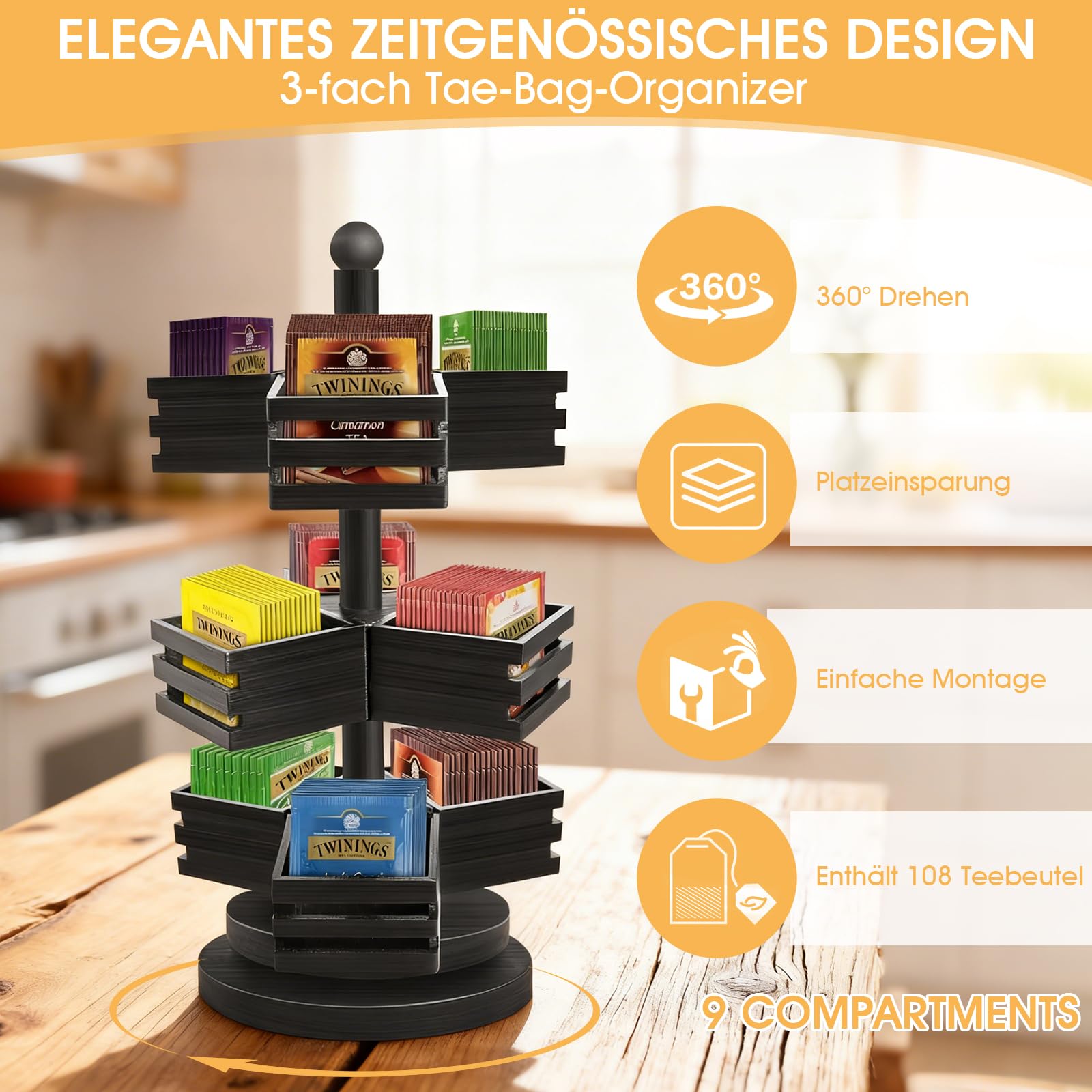Organizer per bustine da tè, in bambù, a 3 ripiani, girevole a 360°, con 9 scomparti, per cucina, piano di lavoro, ufficio, caffè, zucchero (nero)