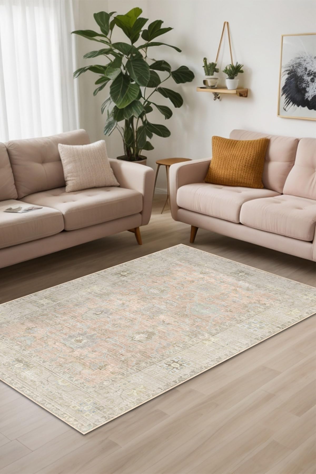 Carme Vintage Desenli Şönil Pamuk Tabanlı Yıkanabilir Kaymaz Antibakteriyel Salon Halısı 80x200