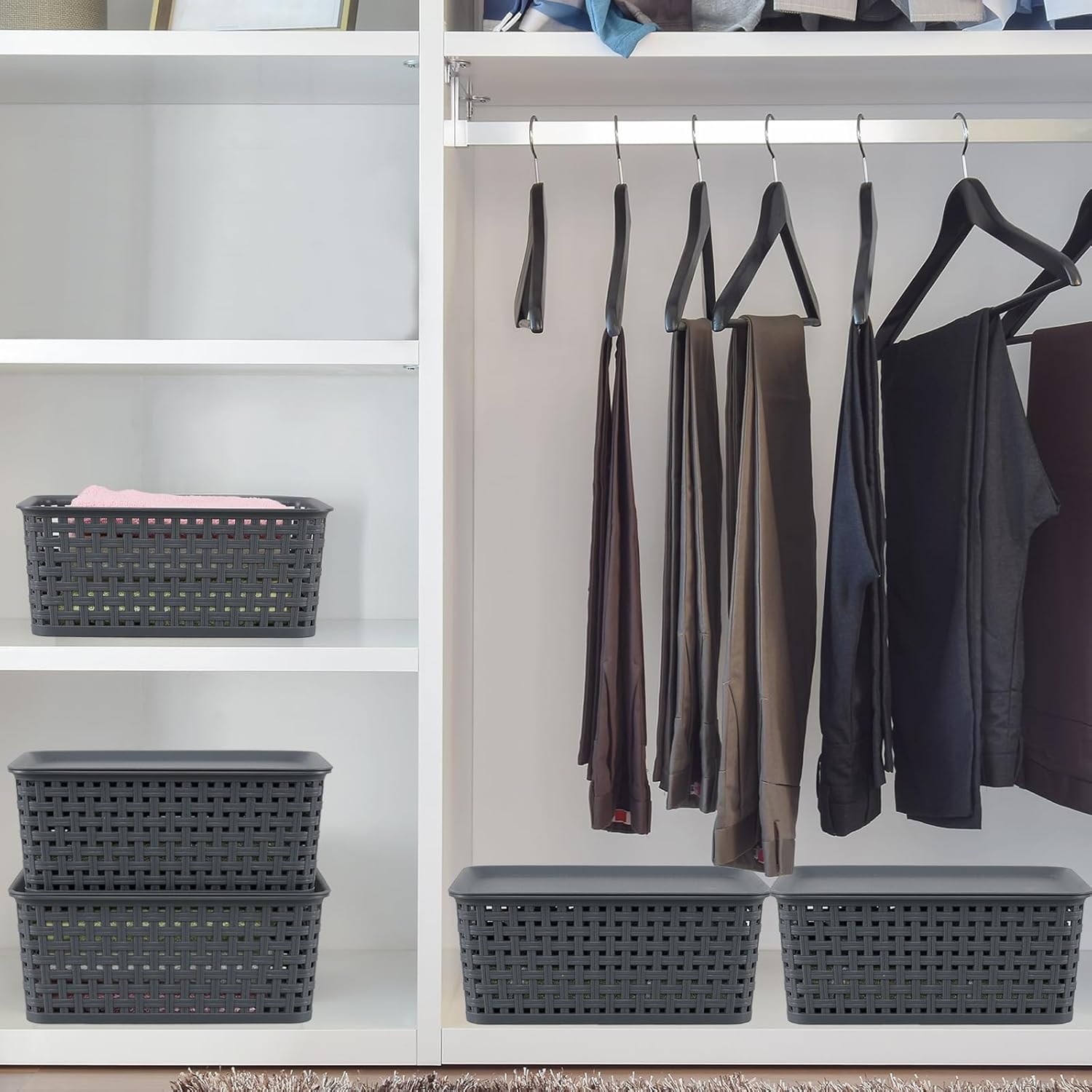 6-Pack Plastic Storage Bin with Lid, Weave Plastic Storage Basket, Gray