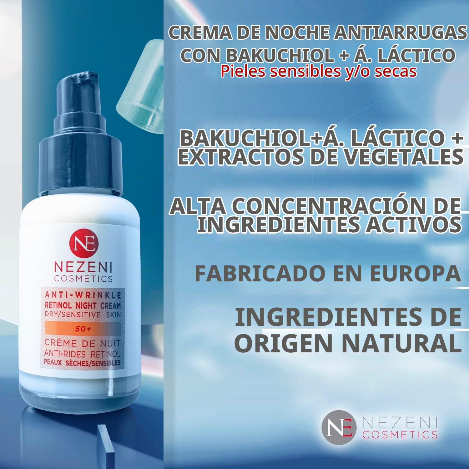 Nezeni Crema Noche BAKUCHIOL 3% Antiarrugas Mujer/Hombre 26 Activos | Rellenador Arrugas Profundas | Crema Antiarrugas Noche Reafirmante Cara, Cuello y Escote | Piel Seca y/o Sensible