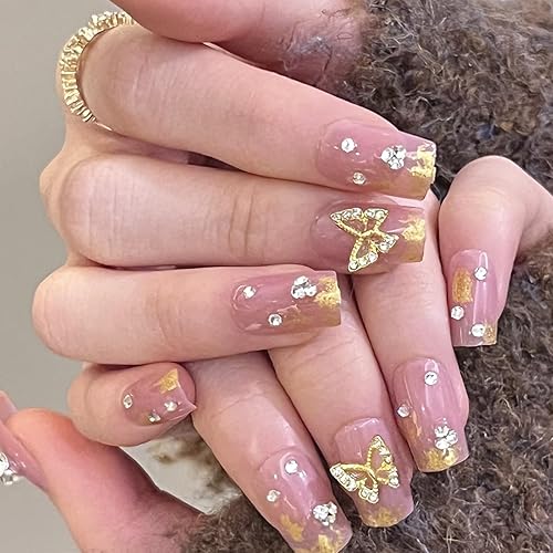 Uñas postizas a presión con degradado rosa, uñas postizas cuadradas medianas, uñas adhesivas rosas, uñas postizas transparentes con diseño de