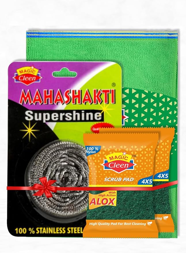 Microfibric Cloth Plain 40 * 40cm (Pack of 5 (Mahashakti) Supershine Stainless Steel scrube 12gram and 2 Nylon Scrub Pad Combo Pack