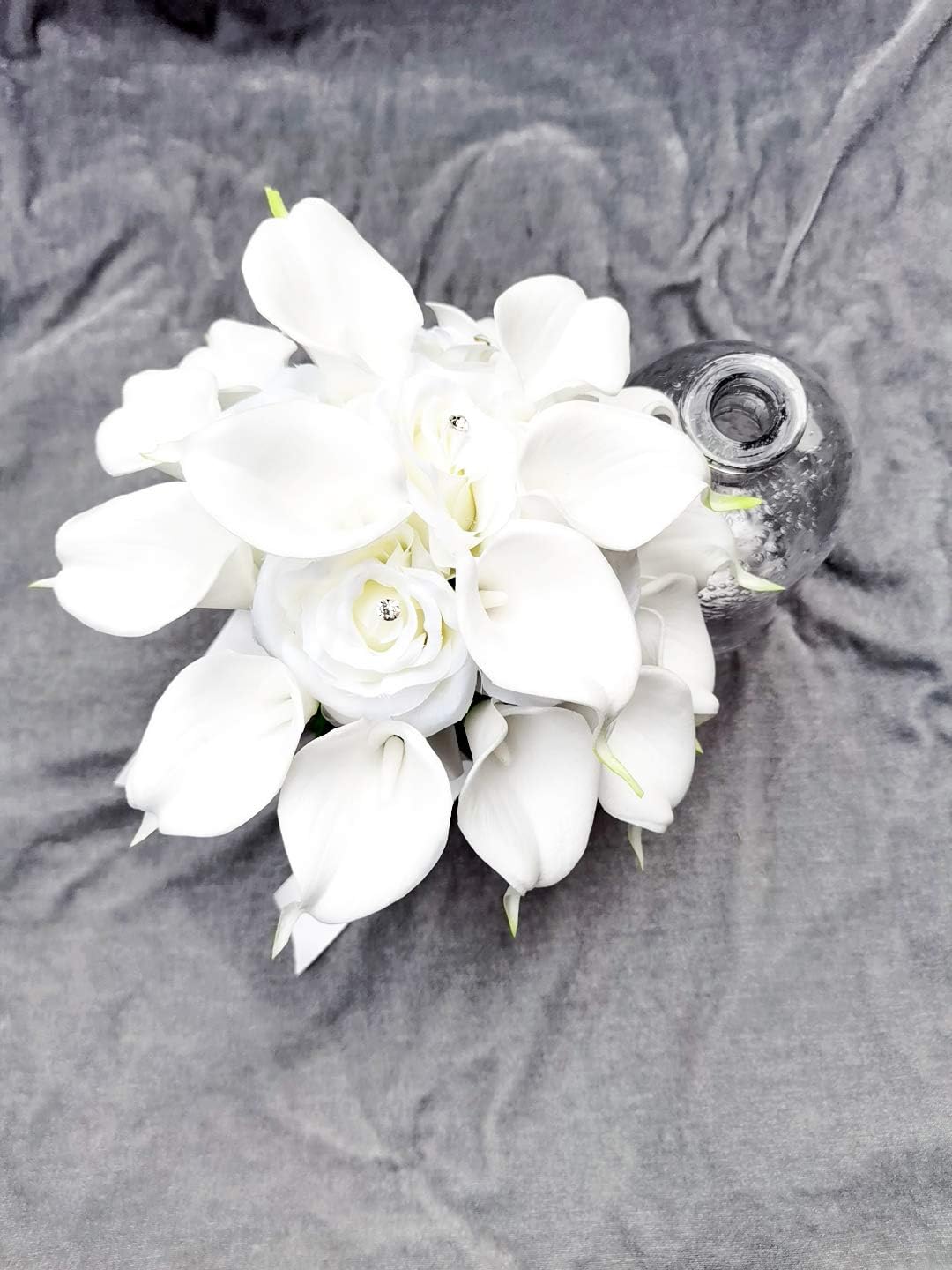 YIFUwedding Bridal Wedding Rose Calla Lily Bouquet Party Decoration Artificial Flowers Bridal Bouquet 9 inch Wedding Bouquet (White)