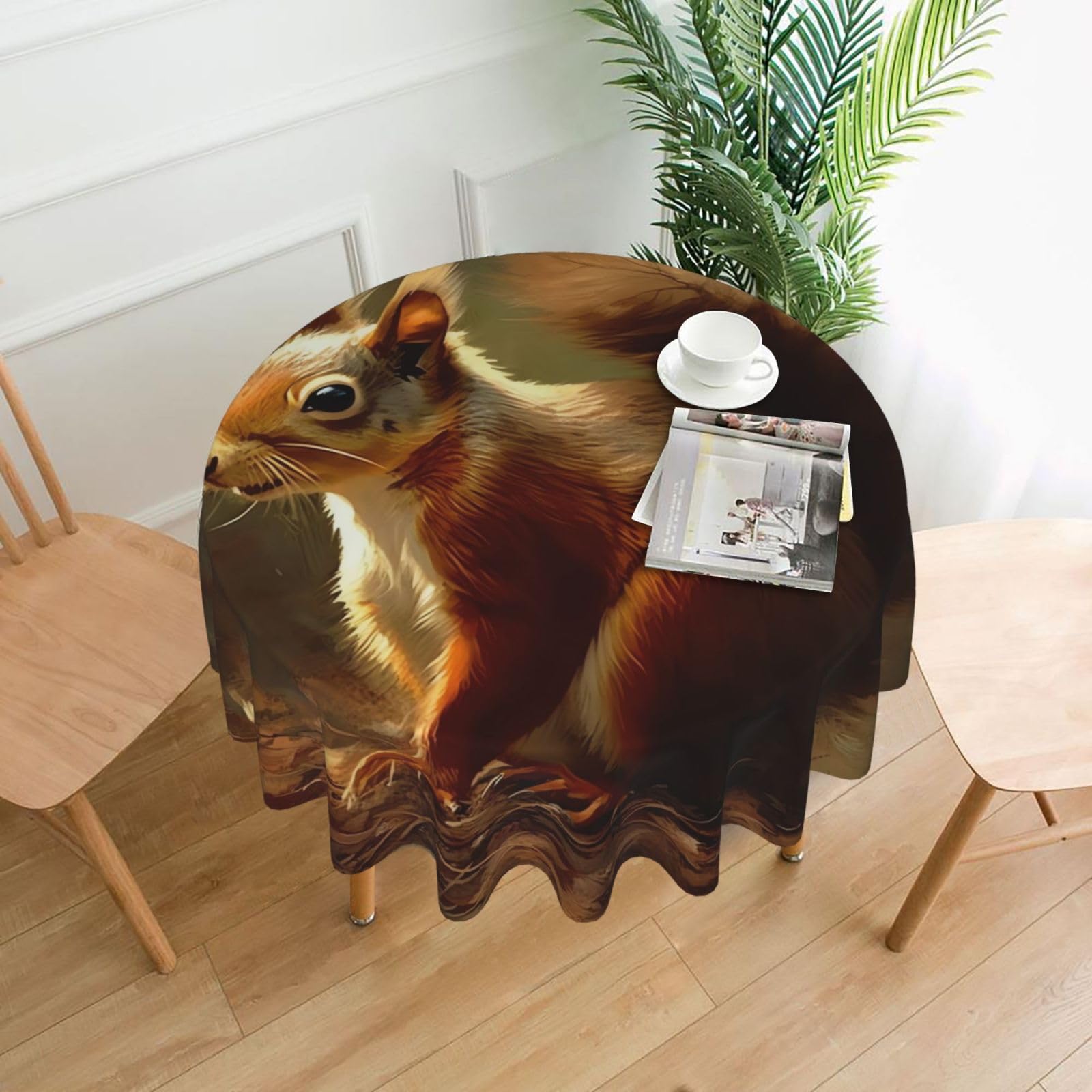 QMKFWT Hand Drawn Squirrel Printed Round Tablecloth,Dust-Proof Wrinkle Resistant Table Cover Washable Polyester Table Cloth for Kitchen Dining Room Farmhouse Picnic Indoor Outdoor(Round 60 Inch)