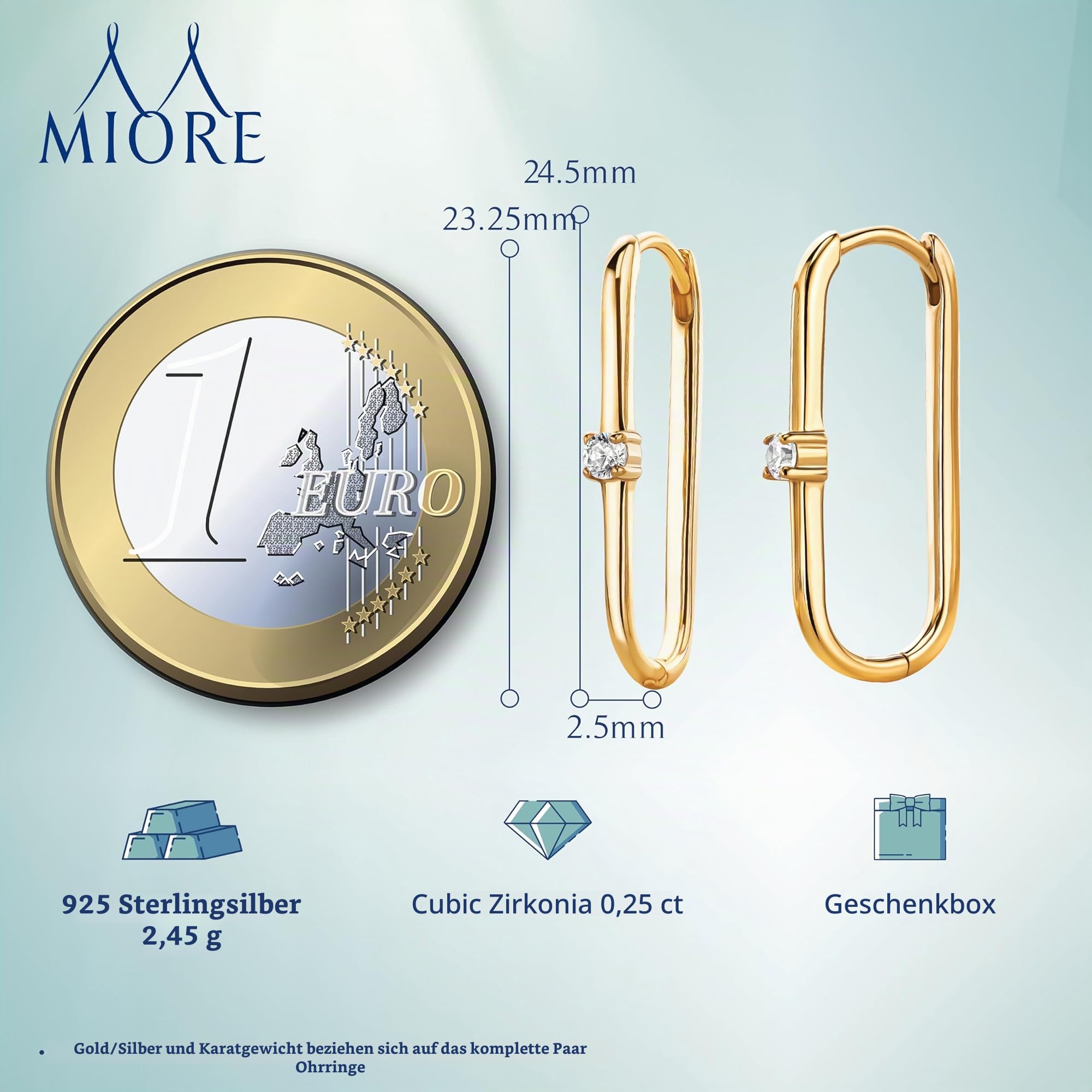 MIORE Damen Creolen aus 925 Sterling Silber/ 18 K Gold Vergoldet, Quadratische Edelstein-Ohrringe mit Brillanten Zirkonia Steinen 0.25 Ct Hautfreundliche Ohrringe 24,5x2,5 mm,Schmuck vom Juwelier