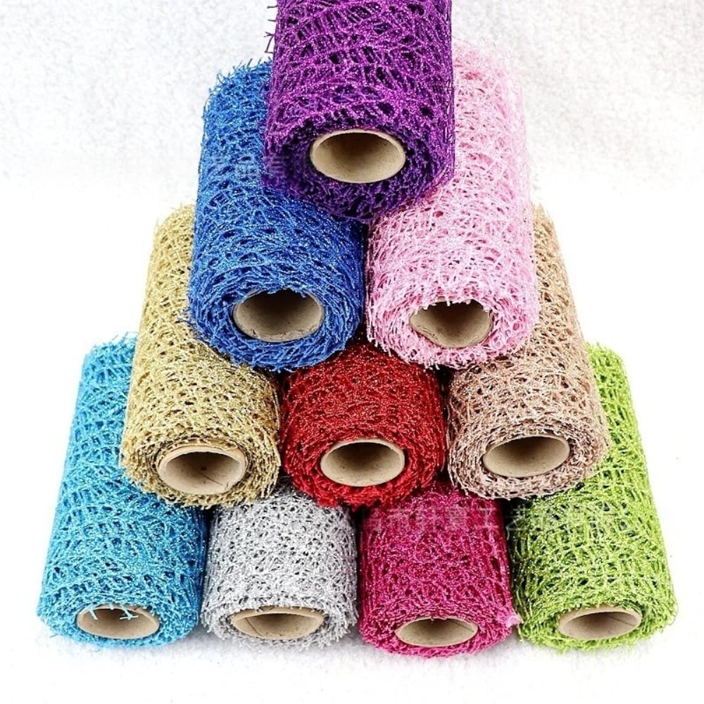 Weihnachtsband aus Kunststoff Mesh Glitzer Band Weihnachten Deko-Mesh-Band für Kranz Weihnachtsbaum Dekoratives Netzband Weihnachts-Mesh-Band für Geschenkverpackung DIY-Bastelbedarf,10-teiliges Set