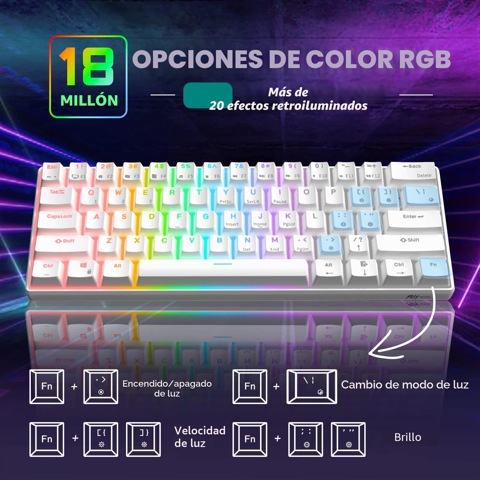 RK ROYAL KLUDGE RK61 QMK/Via Teclado Mecánico 60% Teclado Gaming con Cable RGB Interruptor Rojo Hot Swap US Layout Compatible con Mac/PC/iPad/iOS, Blanco