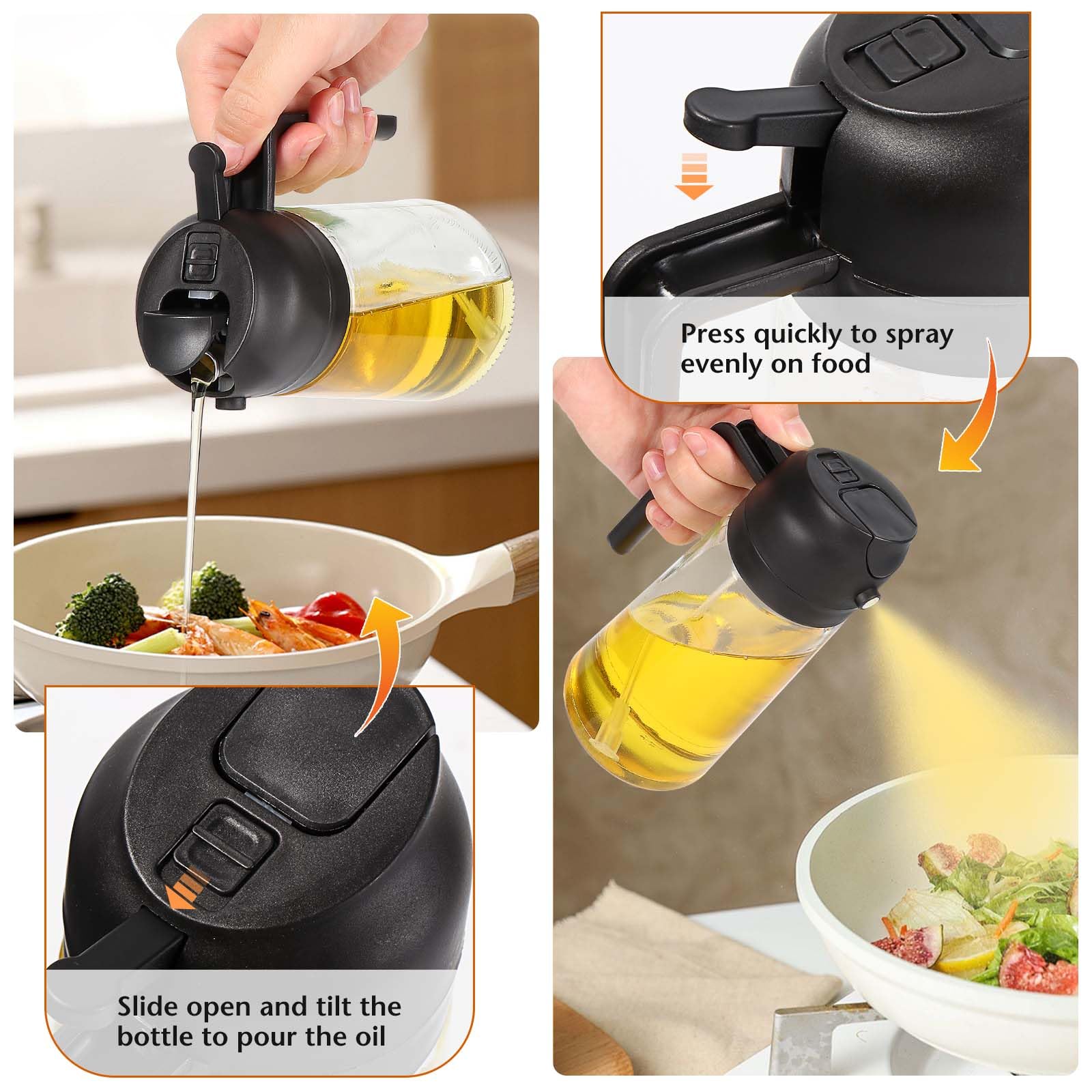Vaporisateur Huile Cuisine Pulvérisateur D'Huile 470ml 2 En 1 - Vaporisateur Et Bec Verseur Pour Cuisine, Barbecue, Salade - Noir Spruzzino Per Olio