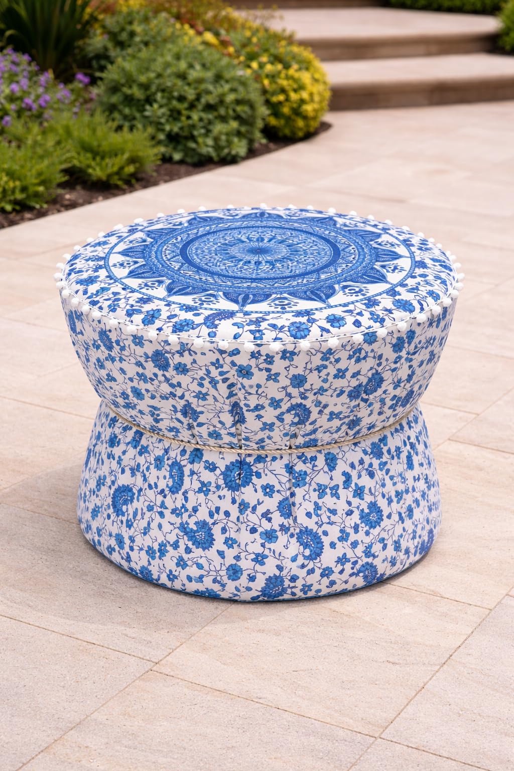 Bhawna Creations Cotton Muda Cover, Handmade Floral Blue Mudda, Muddy Stool Ottoman Pouffes Patio Chair Footstools Cover Size 17x18 Inches Pack of 1 Pieces Blue (Only Cover)-image-36