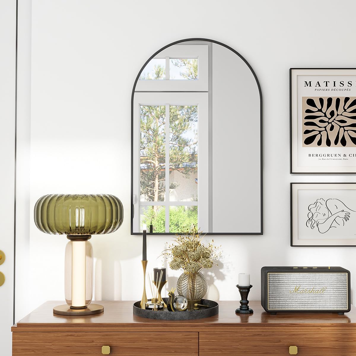 VooBang Miroir mural arqué, 40,6 x 61 cm, miroir de courtoisie mural avec cadre en métal arqué, miroir de courtoisie moderne pour chambre à coucher, salon, à suspendre ou pencher, noir