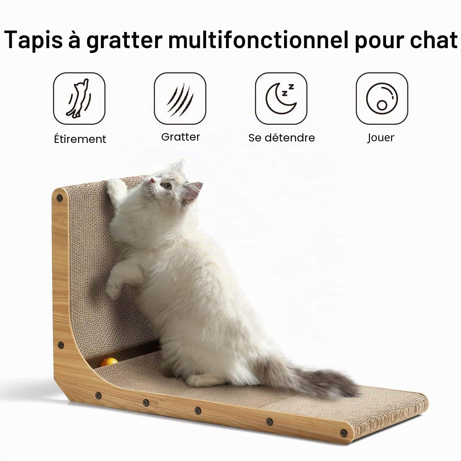 FUKUMARU Planche Gratter en Forme de L de 68 cm de Haut pour Mur et Coin, Grattoir pour Chat avec Balle Jouet pour Chats d'intérieur