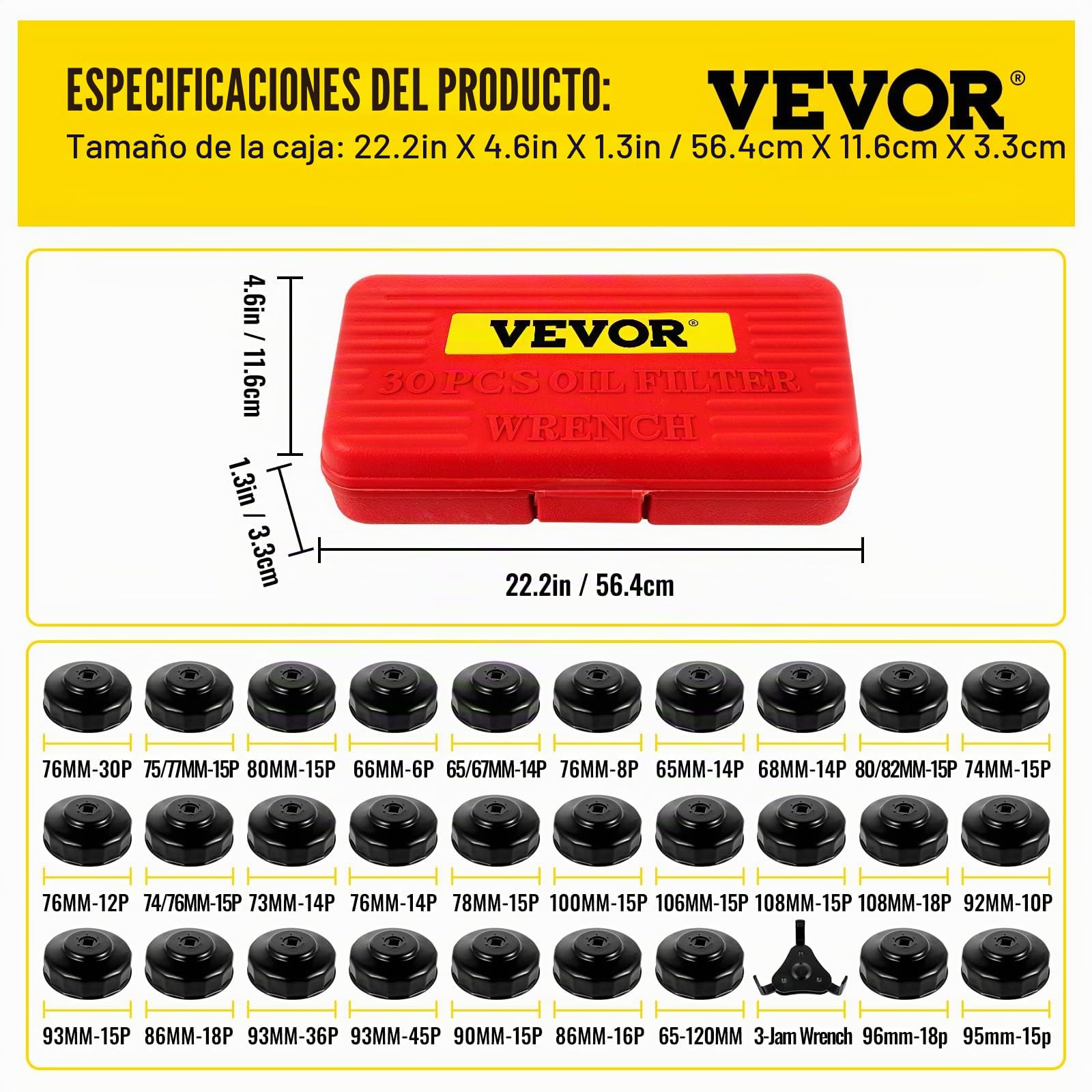 VEVOR Juego de Vasos para Filtro de Aceite 30 Piezas Juego de Llaves de Filtro de Aceite de Acero Perfil Bajo con Cabeza de 3/8" con Estuche para Quitar e Instalar Tapa del Filtro de Combustible