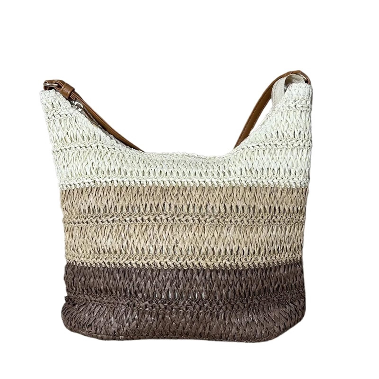 Bolso de Mano Tejido Calado Bolso de hombro tejido rafia a rayas degradadas, bolso Hobo informal verano for playa for mujer