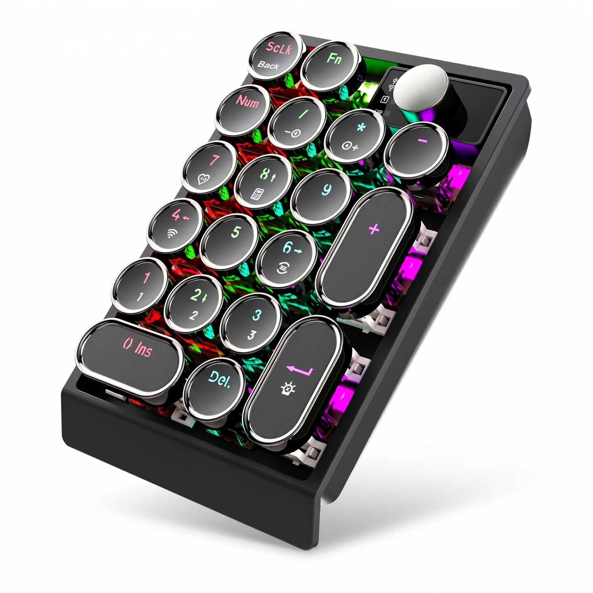 SENECESLI Pavé Numérique Mécanique Rétro, Clavier Numérique 19 Touches Remplaçables à Chaud avec Bouton Multifonctionnel et Rétroéclairage RVB, 3 Modes Bluetooth sans Fil USB C pour