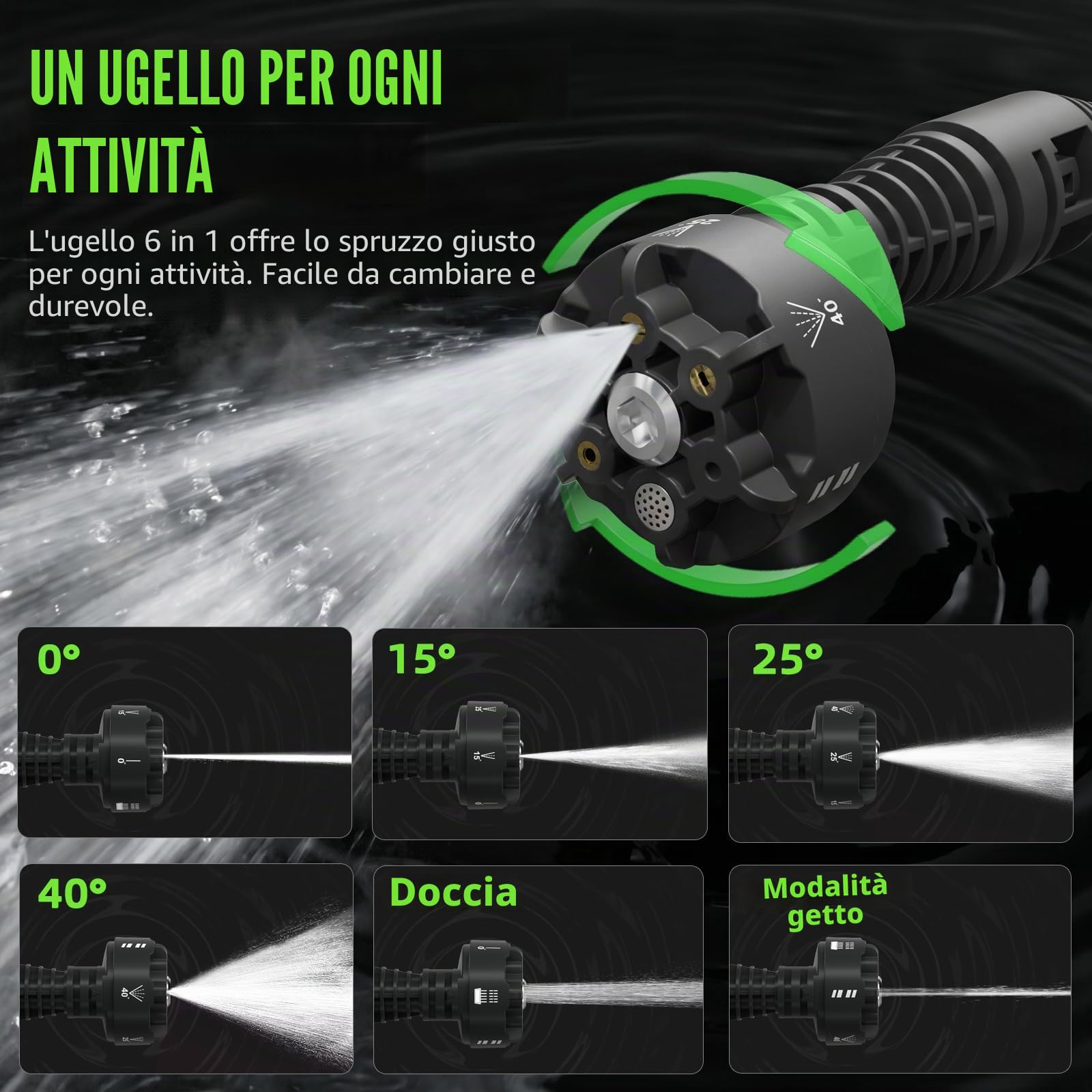 Idropulitrice senza fili da 21 V, rondella portatile a batteria 6 in 1 con 2 batterie e caricabatterie, tubo intrecciato da 6,5 m per la pulizia di auto/patio