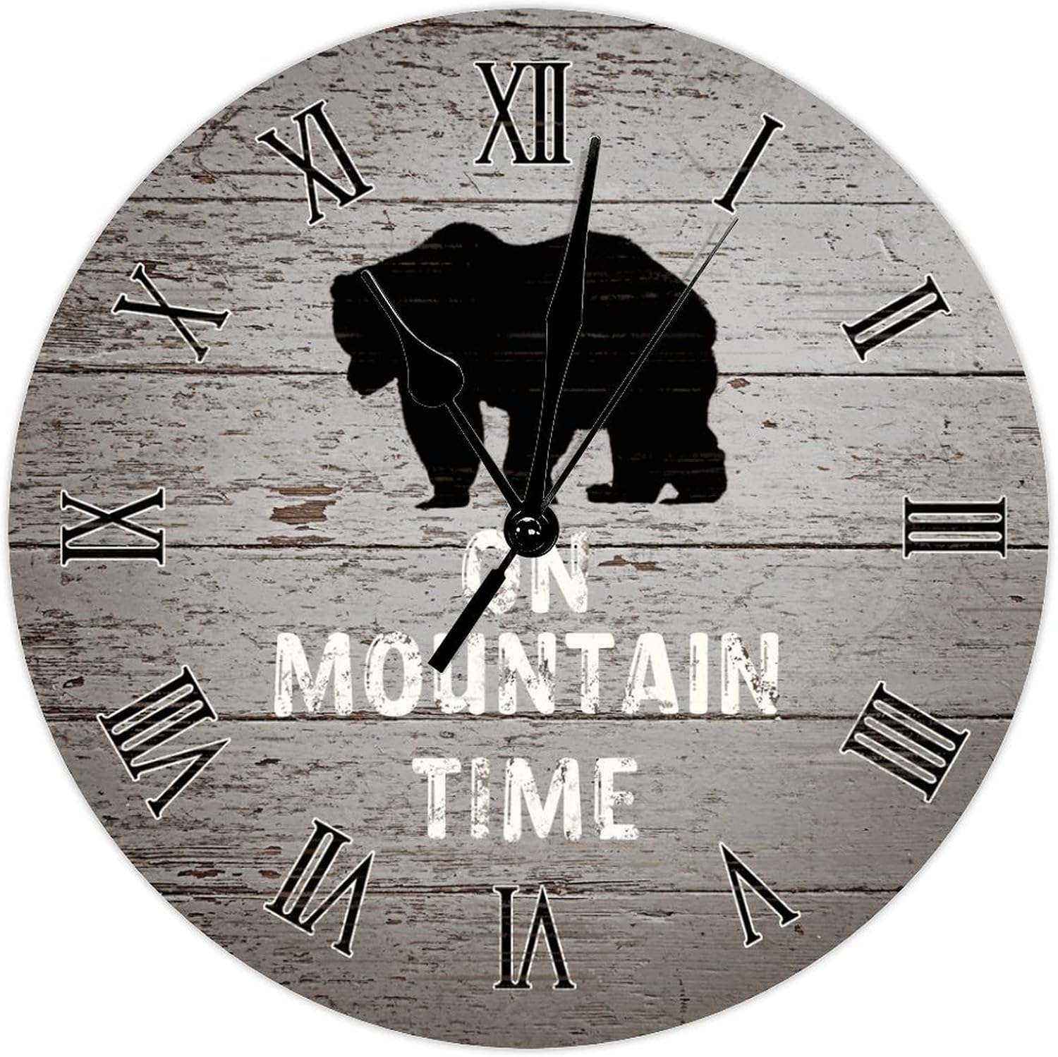 15 Inch Silent Non-Ticking Wall Clock On Mountain Time Art Font Brown Bear Wooden Decorative Battery Operated Round Roman Numerals Clocks for Farmhouse Home Kitchen Nursery Bedroom Decor