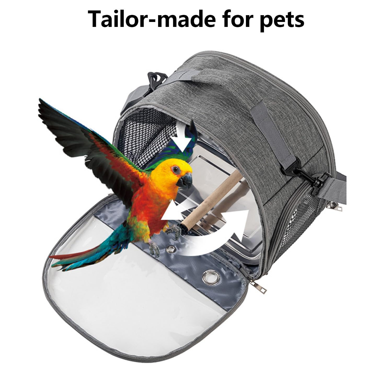 Bolsa de transporte para pájaros, portátil, transpirable, jaula de viaje con bandeja y postes de acero inoxidable, apto para pájaros, animales pequeños (gris)