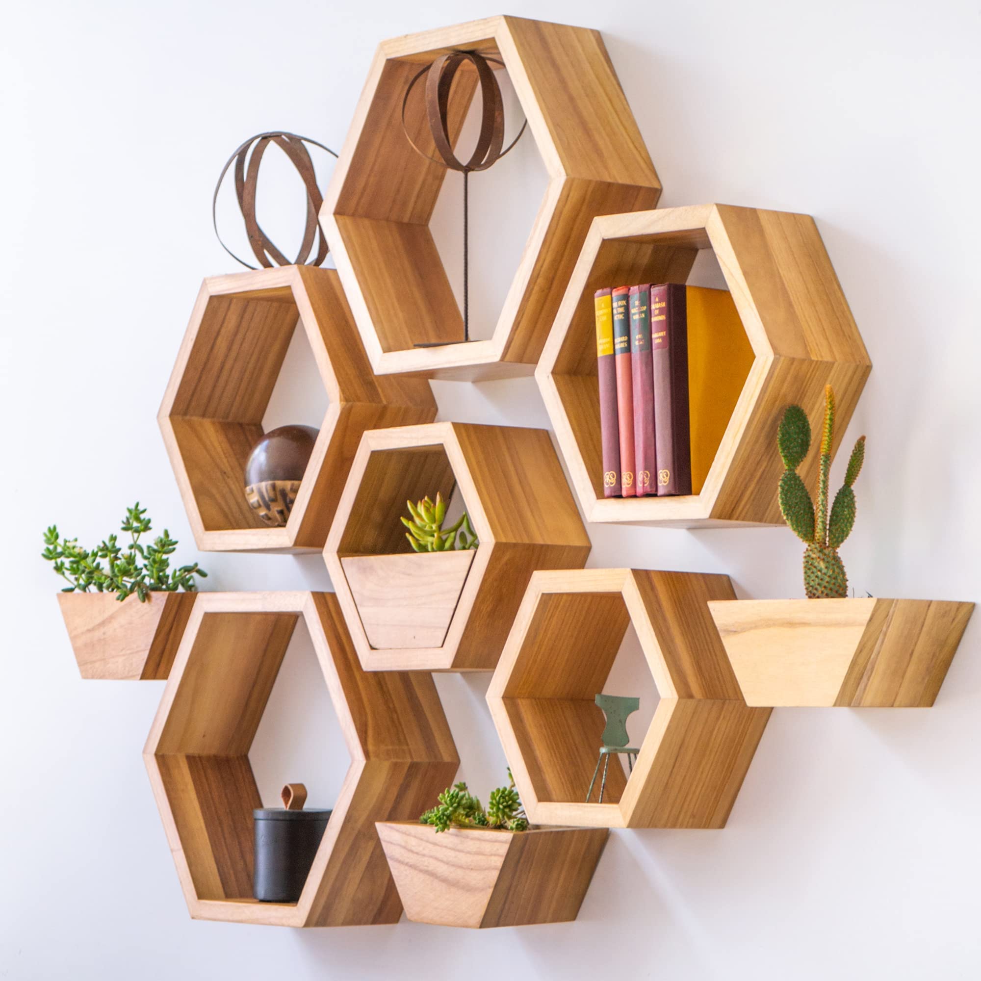 voohom Hexagon Floating Shelves Set of 3 2 Wooden Plant Pots