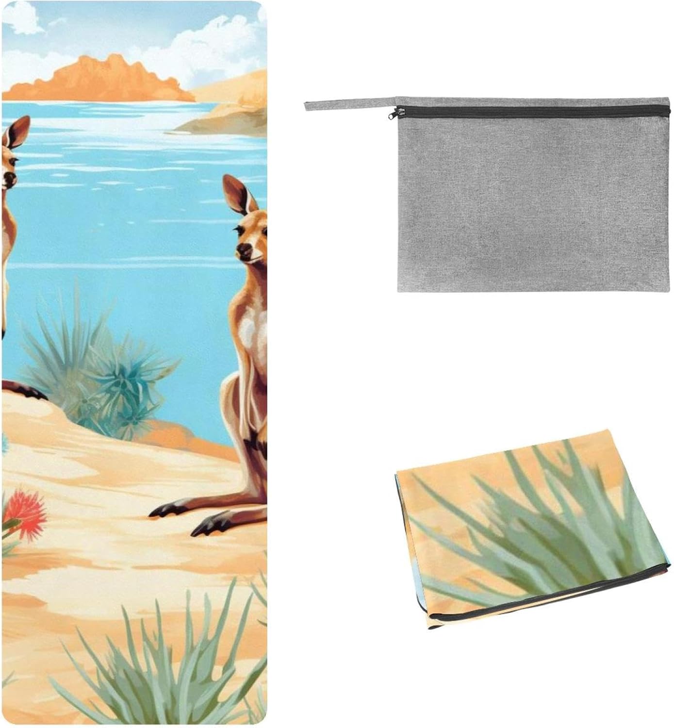 Yoga Towel, Kangaroo Pattern Non Slip Sweat Absorbent Hot Yoga Mat Towel for Hot Yoga, Pilates and Fitness - 72.8" x 26.8"