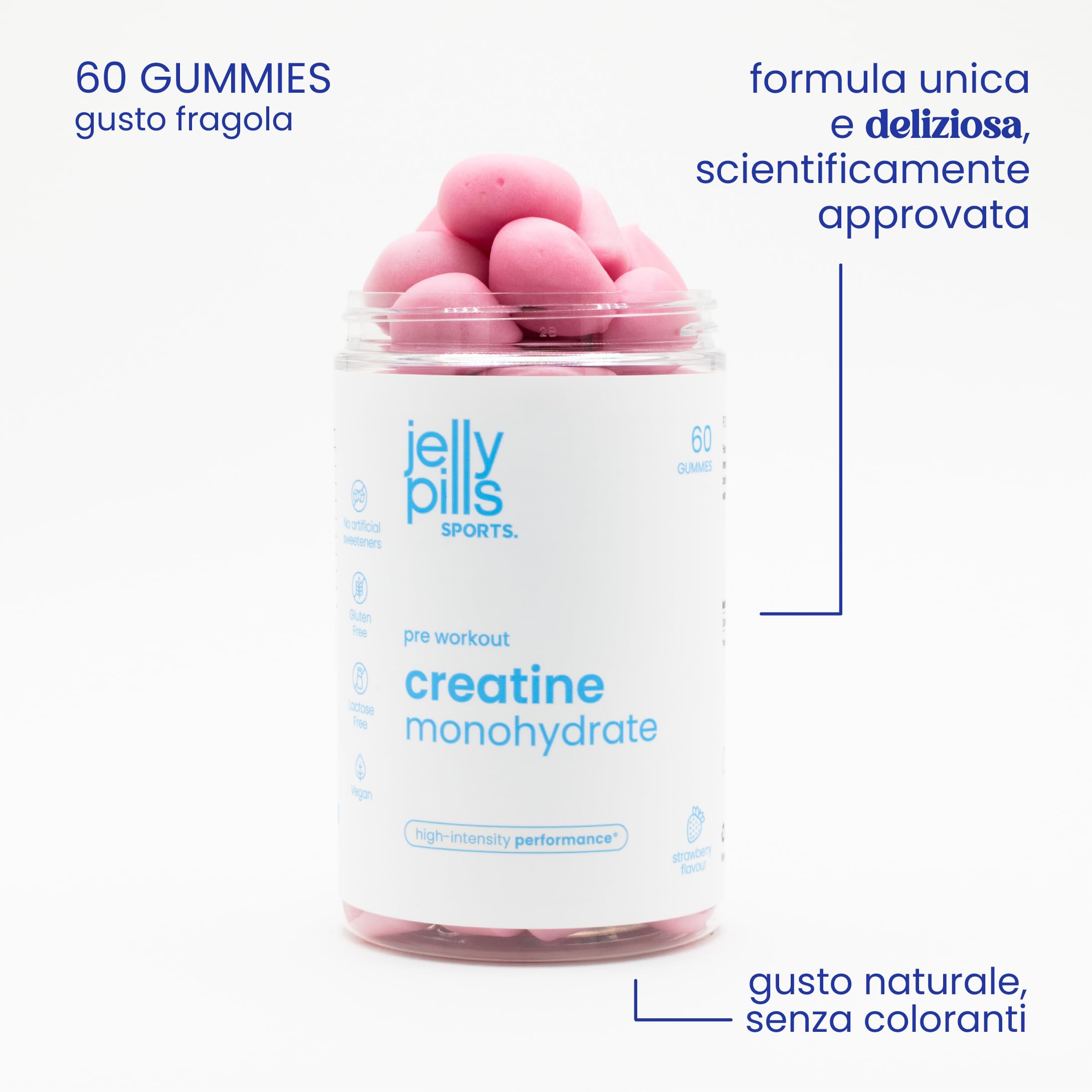 Gommose di Creatina Monoidrato pura – 1,5 g per Gummy – 60 Gummies vegane – Pre-Workout Forza, Performance Fisica e Mentale – Potenziamento Cognitivo – Gusto Fragola – Jelly Pills Sports – 1 mese