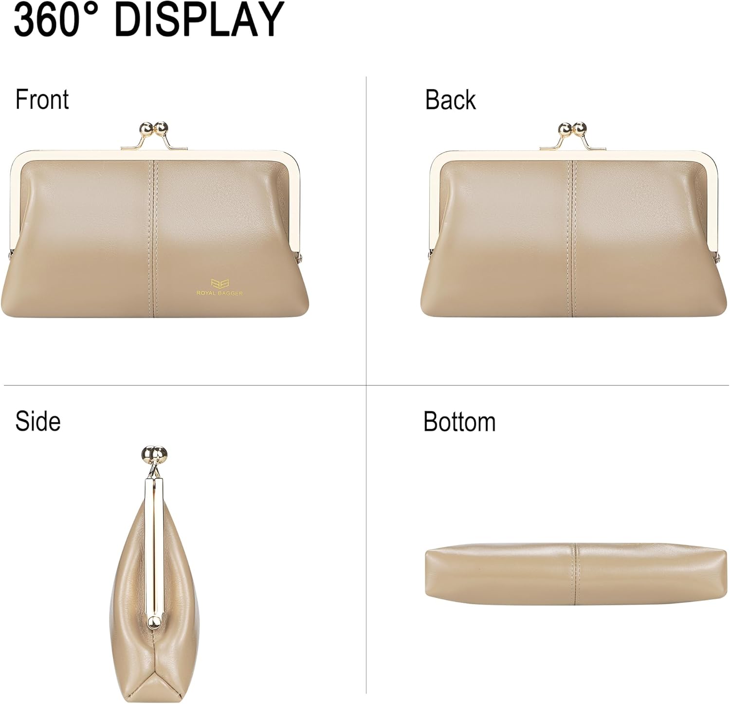 Royal Bagger RFID Kiss Lock Wallet, Solid Color Multi-card Slots Card Holder, Genuine Cow Leather Clutch Purses for Women 1468 (Almond Green) - Image 6