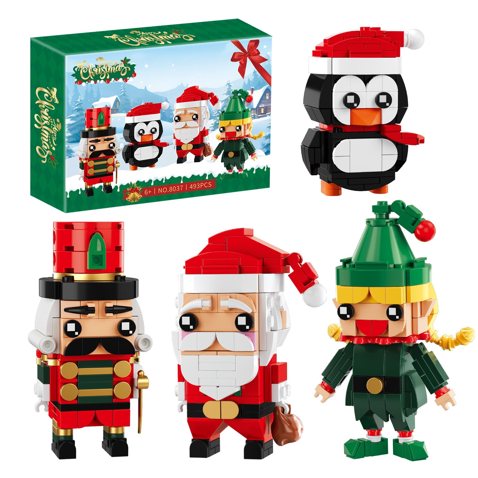 Christmas Building Blocks Santa Claus Nutcracker Elf Penguin Kit for Kids, Xmas Ornaments Bricks Set Figures Toy Gifts for Party Favors Goodie Bags Stuffers for Boys Girls 6 up