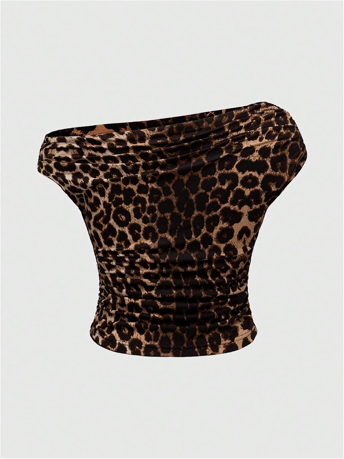 WDIRARA Women's Plus Size Leopard Ruched Tee Dolman Sleeve Asymmetrical Neck Slim T Shirt - Image 3