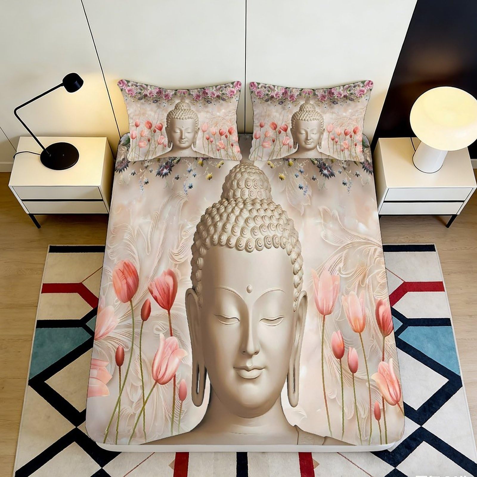 3D Printed Lotus Buddha Fitted Sheet Microfiber Deep Pocket Non-Slip Bedroom Bedding Lotus Buddha Mattress Fitted Cover Washable for Adults Home 140x200x25cm