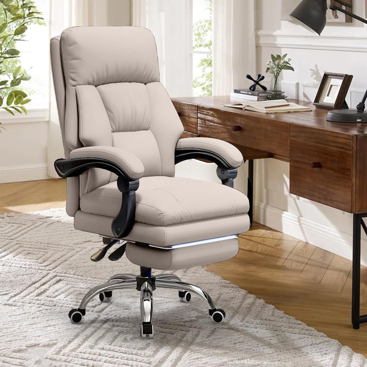 Silla de Oficina con Reposapiés, Silla de Oficina Ejecutiva de Respaldo Alto de Cuero con Ruedas, Sillas de Escritorio Ergonómicas con Soporte Lumbar para Oficina en Casa