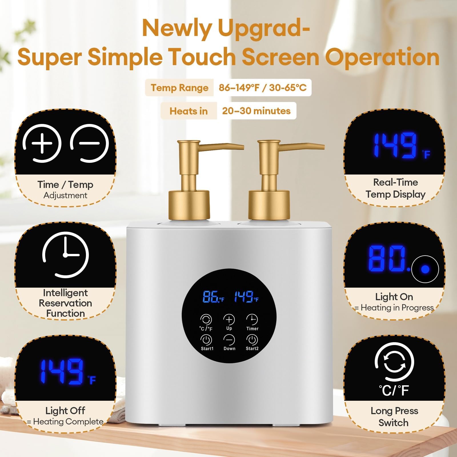 Riscaldatore per olio da massaggio con 4 bottiglie di olio da massaggio e 2 imbuti, temperatura regolabile (30 – 65 °C) e timer (0,5 – 24 h) scalda-lozione, doppio dispenser di olio riscaldato per spa