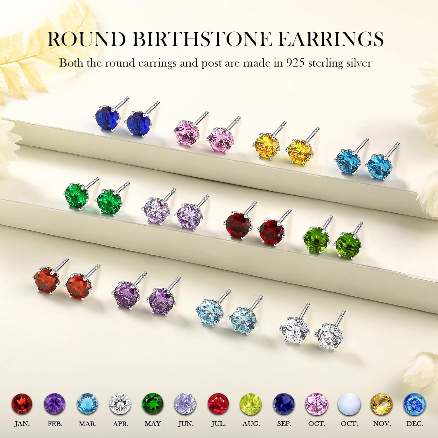 925 Sterling Silver Birthstone Earrings for Women Small Stud Earrings Round/Princess Cut Gemstone Earrings Birthstone Jewelry - Image 2