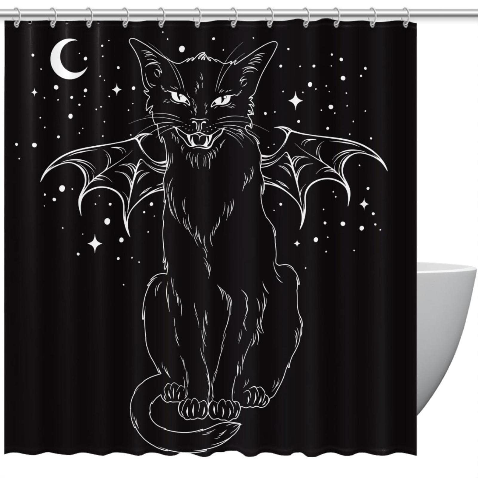 Rideau de douche chat monstre lune et étoiles imperméable pour baignoire 60x72 cm avec 12 crochets