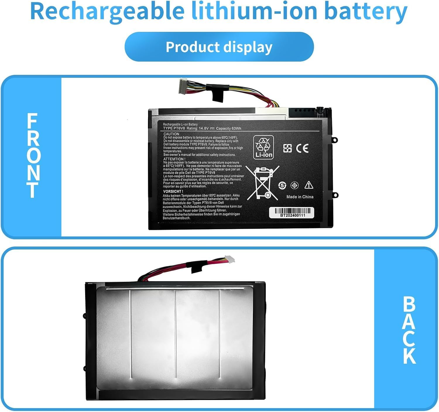 14.8V 63WH PT6V8 Battery for Dell 08P6X6 0DKK25 0PT6V8 0T7YJR 312-0984 8P6X6 999T2086F DKK25 KR08P6X6 KR-08P6X6 P06T T7YJR