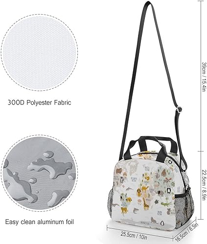 Miniatura 2 de Bolsa de almuerzo para mujeres, niños, niñas, niños, aislada, mapa del mundo animal, multicolor, impreso, lonchera térmica con soporte para botella