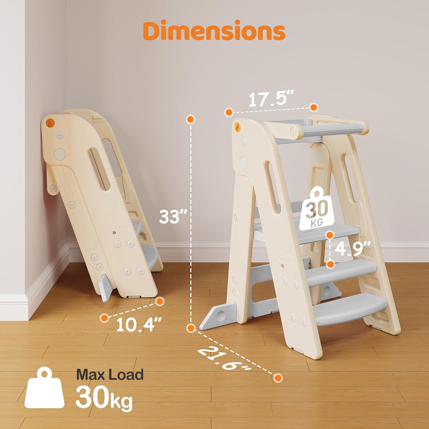 Onasti Foldable Toddler Tower Kitchen Stool Helper, Adjustable Height Learning Standing Tower with Safety Rail, Anti-Slip Steps, Kids Step Stool for Kitchen Counter and Bathroom Sink-Grey