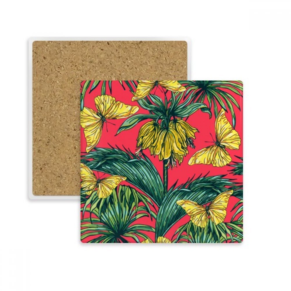 Coaster absorbant en pierre avec motif de fleur rose et papillon pour tasse carrée