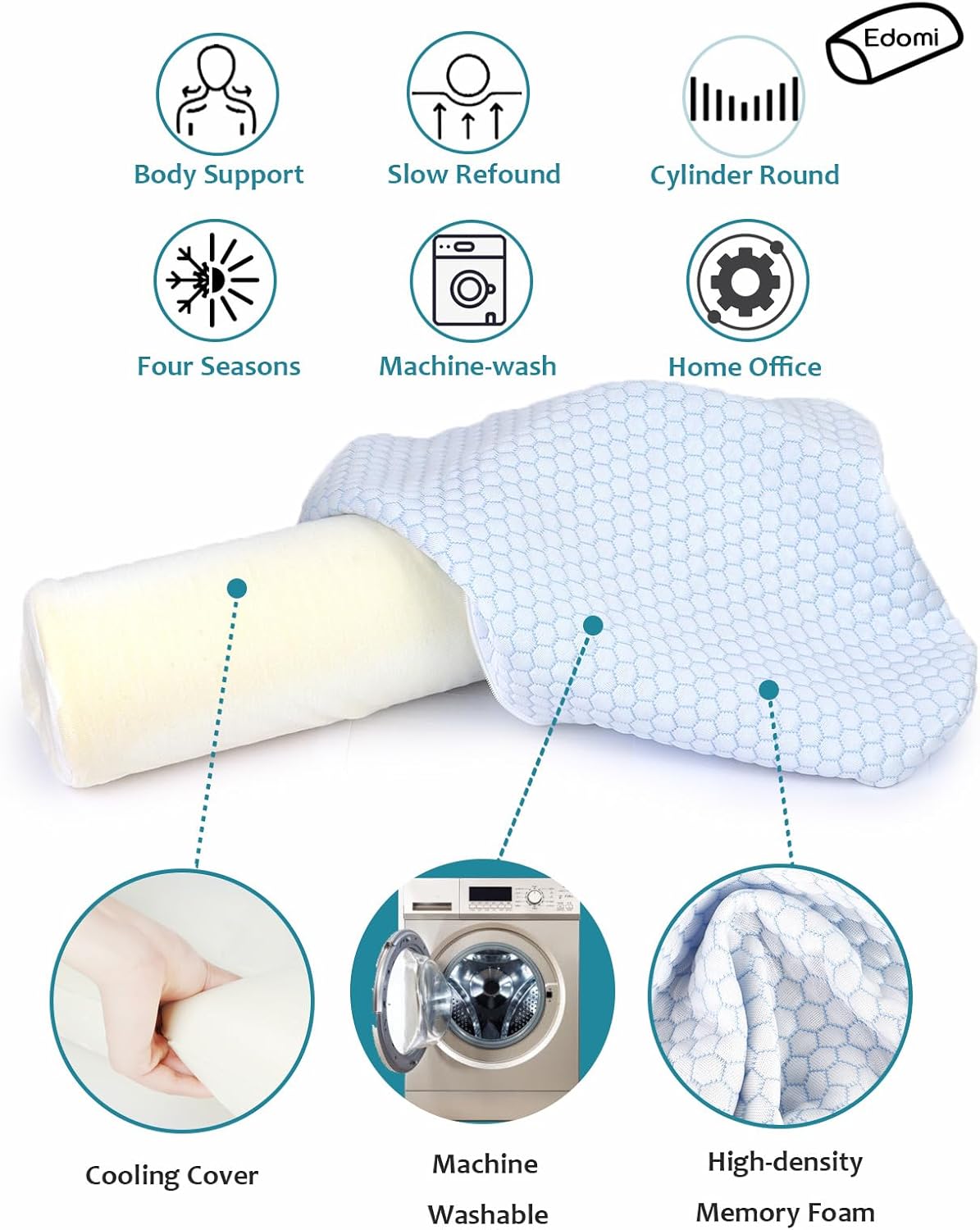 Neck Roll Pillow for Sleeping - Cooling Yoga Cervical Cylinder with Washable Cover, Memory Foam Support for Pain Relief, Soft Tube Back Cushion for Bed & Couch, 18X4 inch - Image 3