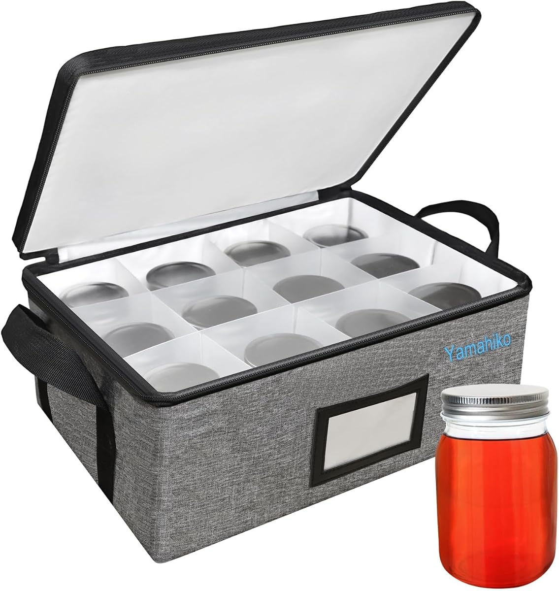 Yamahiko 16 oz Mason Jar Storage Organizer, Canning Jar Storage Box Organizer Bag Bins Crates Caddy Case for Pints Foldable Mason Jar Storage Box Holder Carrier with Dividers and Label, 1 PACK