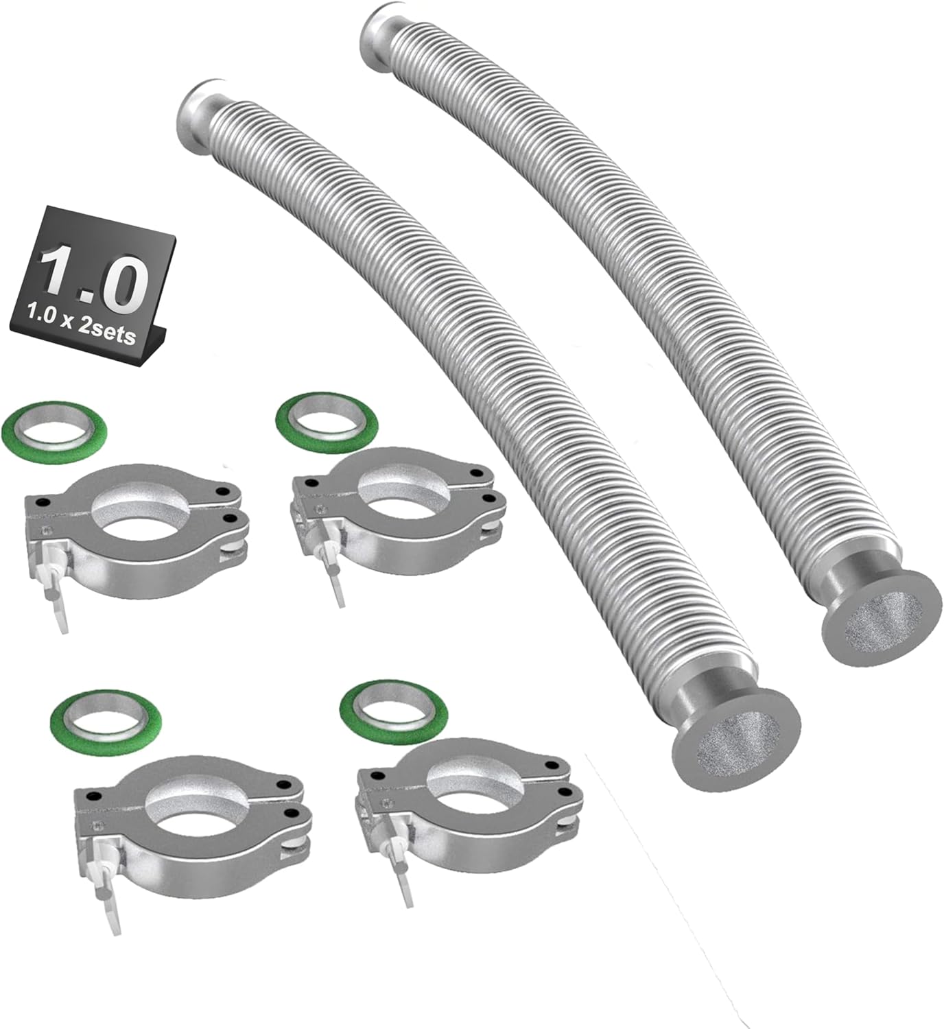 2 sets of 1.0m bmotiontech KF25 NW25Corrugated vacuum bellow Hose set, 2pcs bellow hose, 4pcs of Aluminum wing nut clamps, SS Centering rings and FKM O-rings in green color