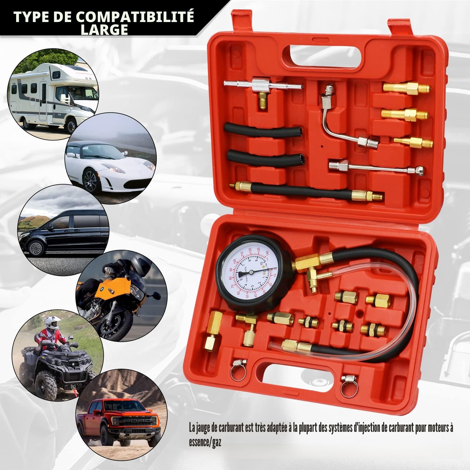 0-140PSI Testeur de pression de pompe d'injection, testeur de pression de carburant, kit universel de testeur de pression, essence, voiture, camion, moto, outil de diagnostic