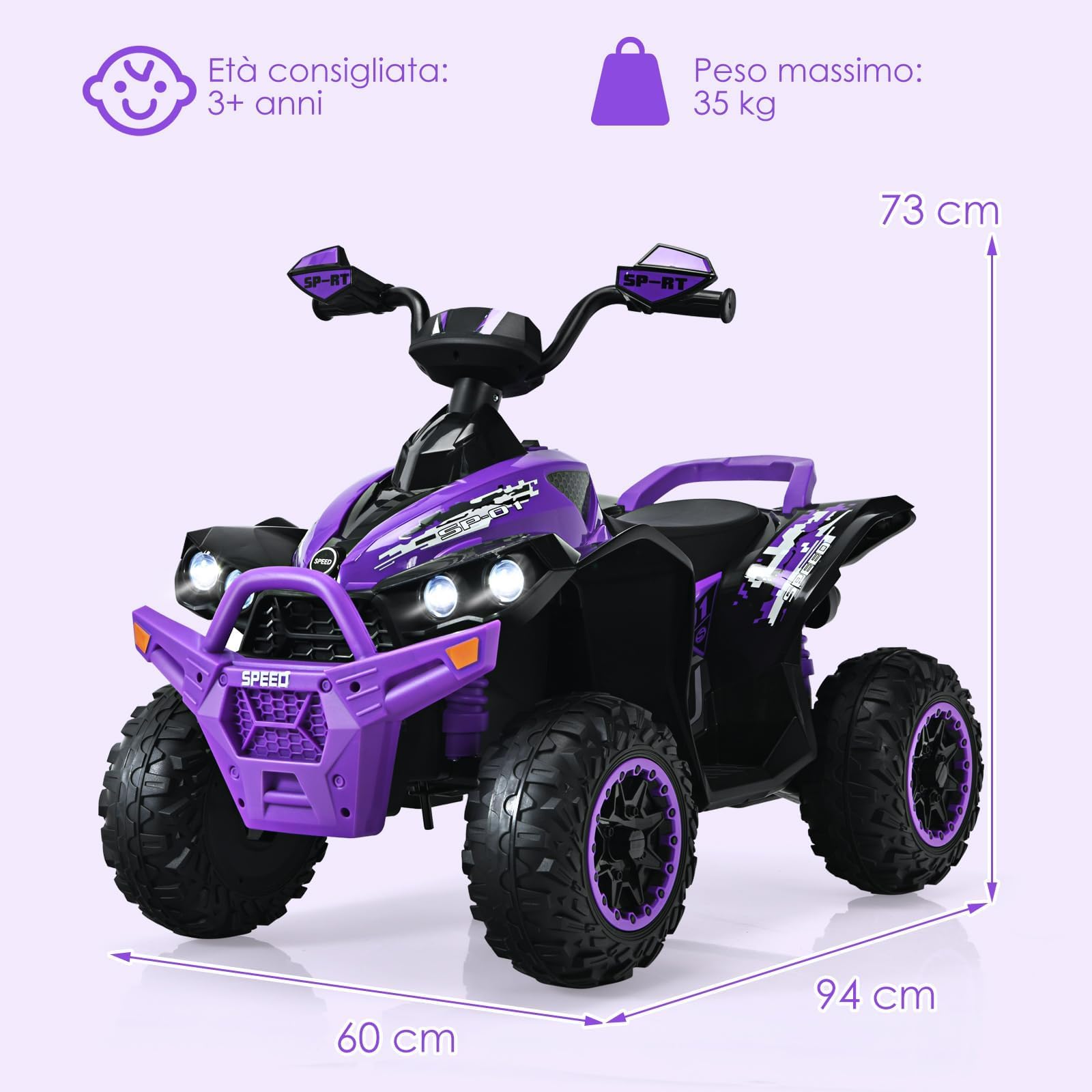 GYMAX Quad Elettrico per Bambini da 12 V, Veicolo per Bambini con Fari a LED, Musica e Clacson, 4 Ruote Antiscivolo e Avviamento Lento, per Bambini 3-8 anni, Capacità di Carico fino a 35 kg (Viola)