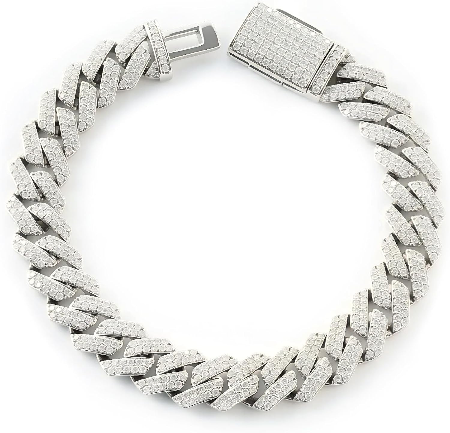 LuxeFlex Moissanite Prong Cuban Link Bracelet/Necklace for Men Women, VVS D Color Moissanite, 5 Times Rhodium Plated, White Gold Iced Out Hip Hop Jewelry with Box Clasp (10mm/12mm/14mm/20mm)