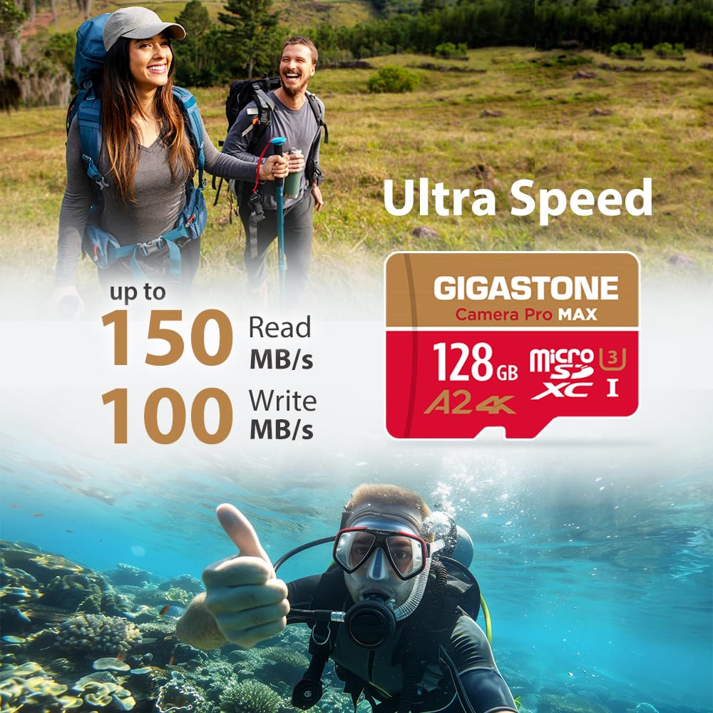 [5 Ans Récupération de données Gratuite] GIGASTONE Carte Mémoire 128 Go, Camera Pro Max, Vitesse jusqu'à 150/100 Mo/s, pour GoPro, DJI, Drone, 4K Video A2 V30 U3 MicroSDXC avec Adaptateur