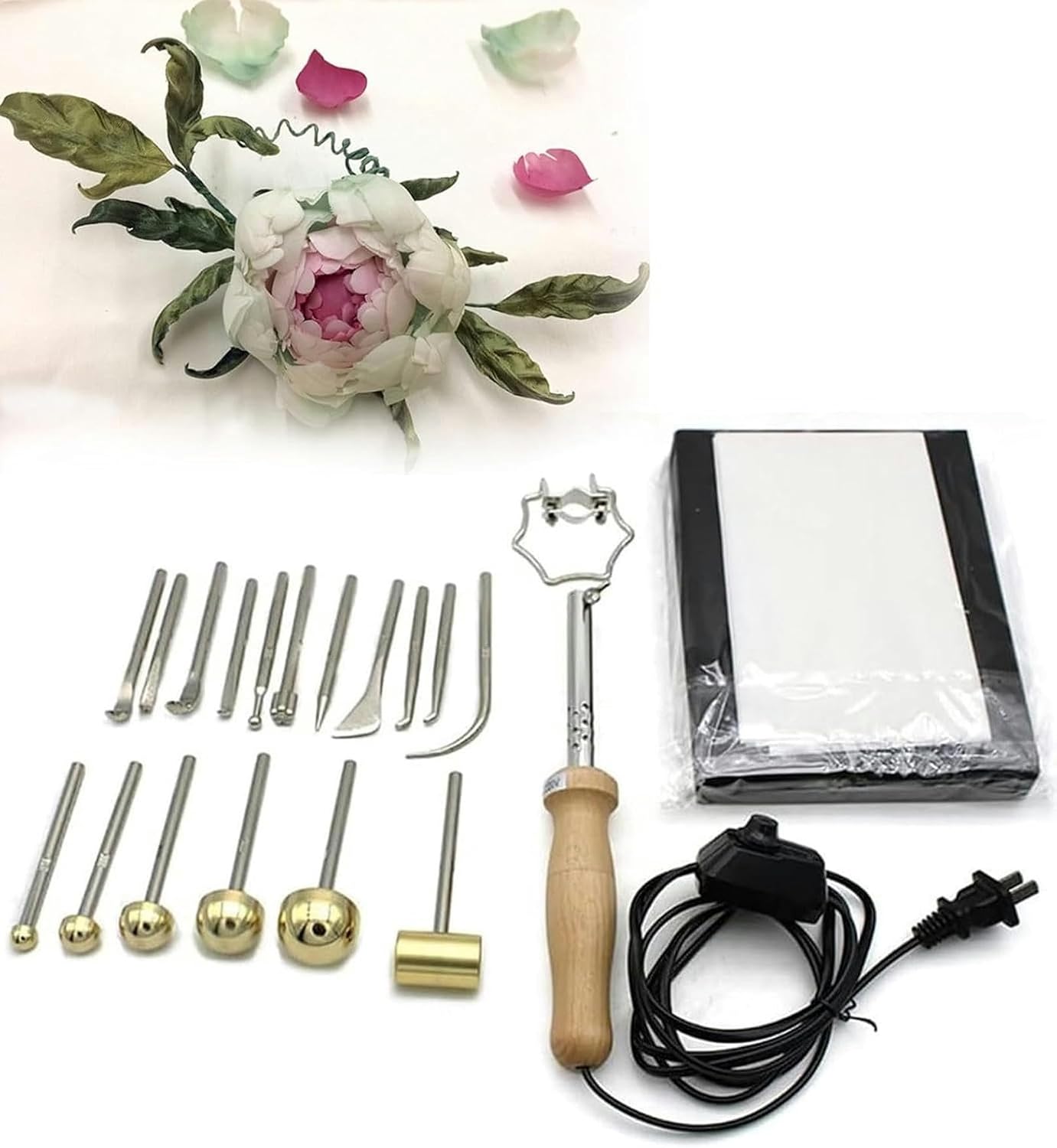Electric Fabric Flower Maker with 17 Ironing Heads Artificial Flower Ironing Machine, Adjustable Temperature, DIY Cloth Fabric Flower Making Tool Set Fabric Flower Maker Set