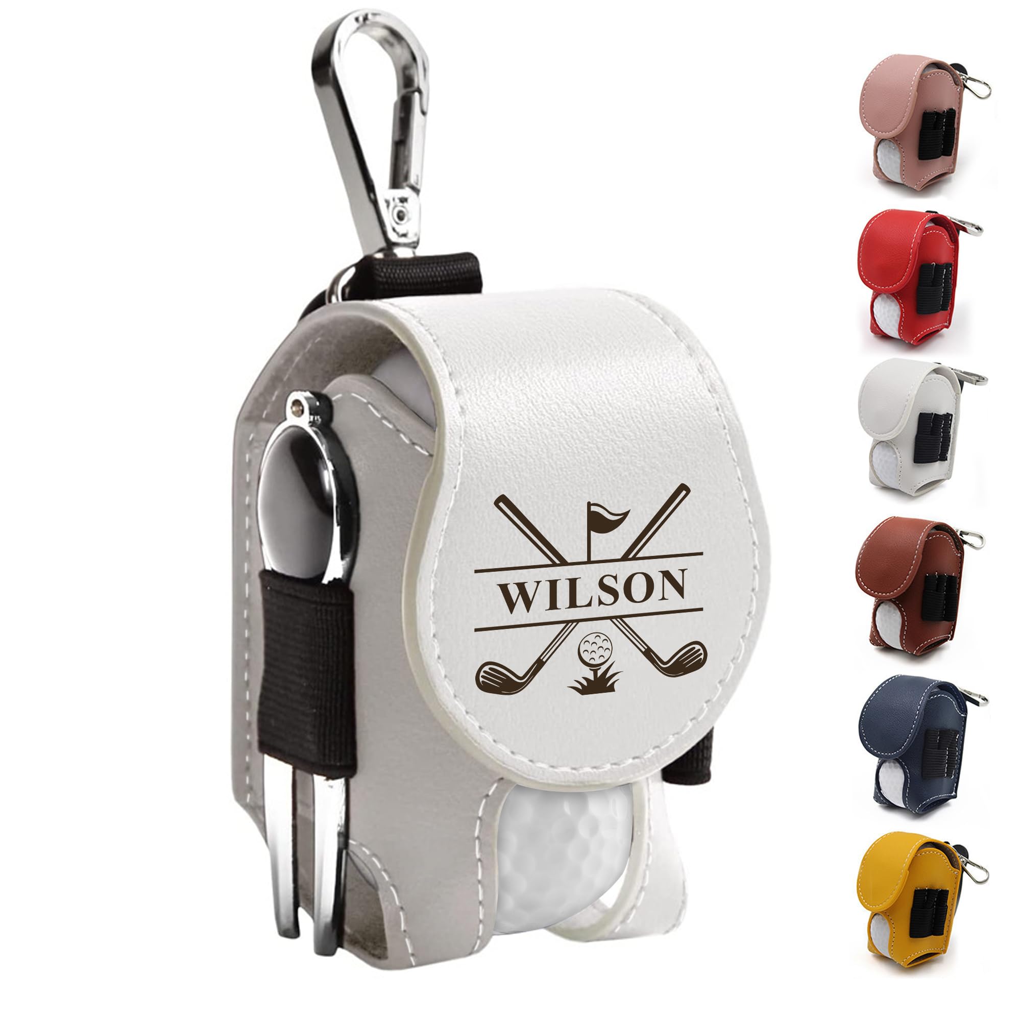 EDSG Personalized Golf Ball Bag Leather Golf Ball & Tee Holder with Belt Clip Personalized Gifts for Men Women Golfers Fathers Day Birthday Personalized Gift for Dad Grandpa Uncle (White)