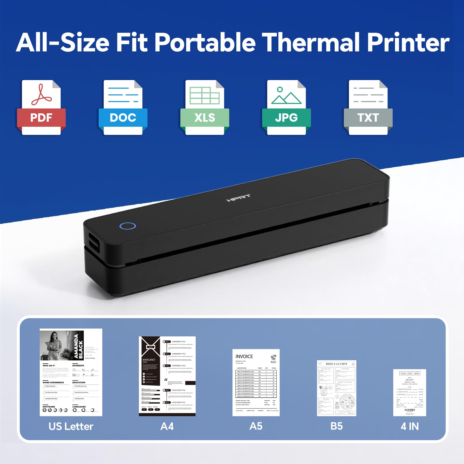 HPRT Imprimante thermique portable sans encre, prend en charge le papier thermique et les étiquettes, Bluetooth multi-utilisateurs, compatible avec iOS/Android/ordinateur portable pour la maison