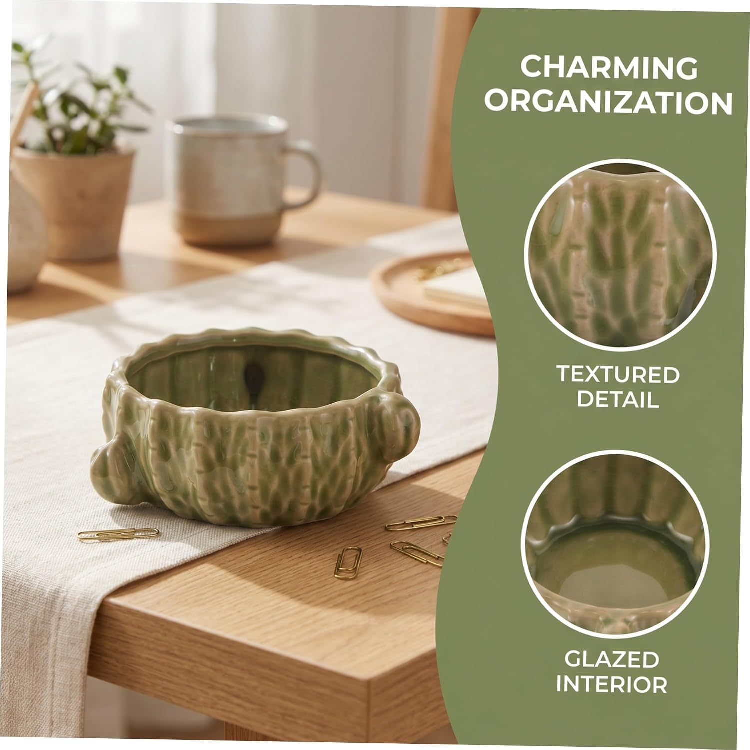 2pcs Ceramic Paper Clip Holder Green Cactus-shaped Desk Organizer Multipurpose Binder Clip and Bobby Pin Storage Bowl Cute Space-saving Office Supply Container for Home and Offices