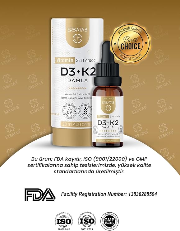 Erbatab D3 K2 Vitamini Damla - 1000 IU D3 ve 20 µg K2 (MK7), Zeytinyağlı Formül, 20 ml