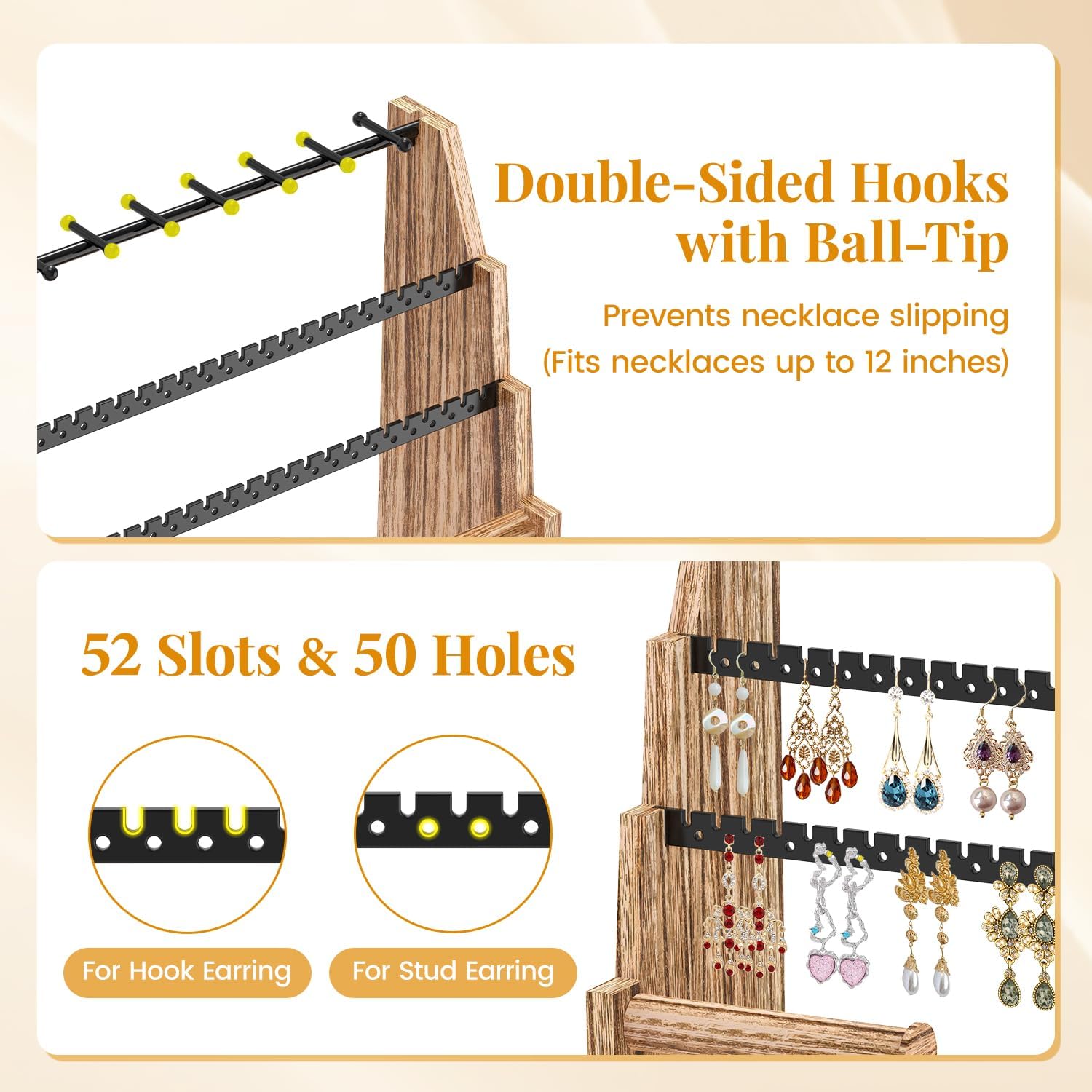 EsLuker.ly Earring Necklace Holder Jewelry Stand Organizer, Wood Bracelet Display Tree Rack for Women Vendors, Tiered Jewelry Tower Storage with Rings Drawer Base, 18 Necklace Hooks & 102 Holes