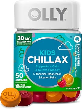 OLLY Kids Chillax Gummy, For a Calm and Relaxed Mood*, Magnesium, L-Theanine, Lemon Balm Extract, Chewable Supplement, Sherbet Flavored, 25 Day Supply - 50 Count Packaging May Vary